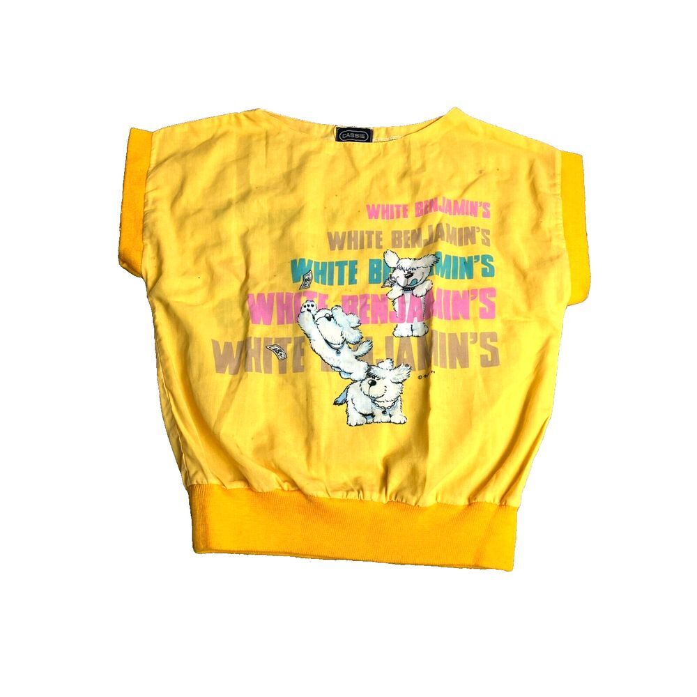 VTG White Benjamin's Shirt‎ Womens 2XL XXL Yellow AOP Cassie Dog Pullover 80s